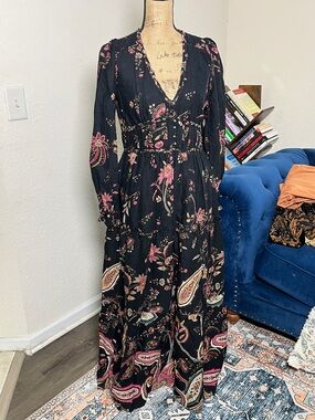 Anthropologie Black Maxi Dress with Pink & Cream Paisley Prints